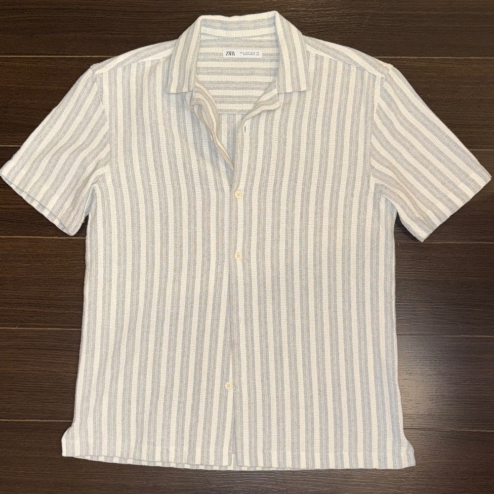 Zara Men Short-Sleeve Striped Button-Down Shirt — White & Light Blue